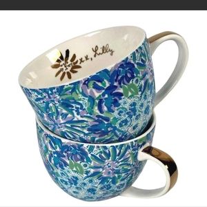 Lilly Pulitzer High Manetenance Ceramic Mugs Blue Lilly Print Set 2